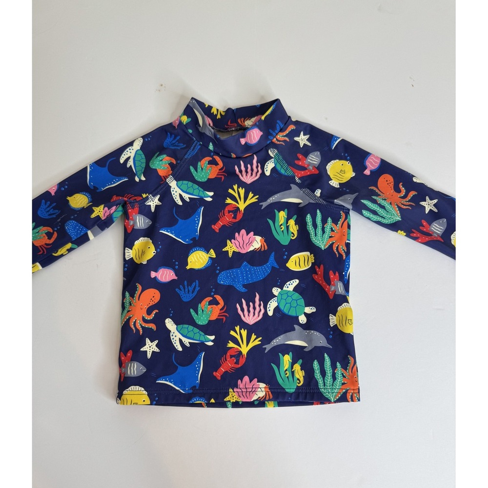 Baby Boden Navy Blue Kids Swim Rashguard with Multicolor Sea Creatures